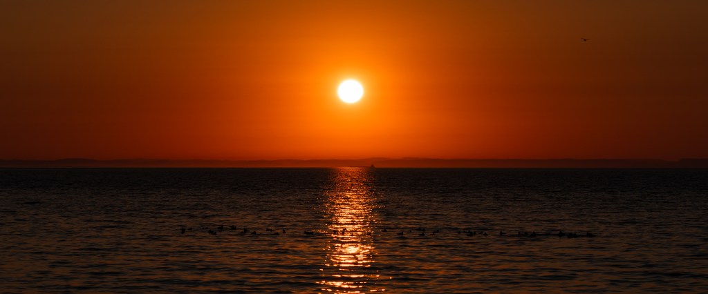 Coucher de soleil vibrant sur un lac calme, avec des reflets dorés sur l'eau et une silhouette de bateau à l'horizon.