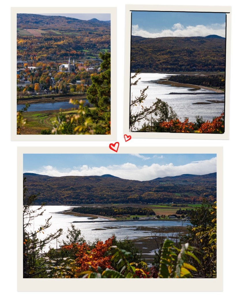 Vue panoramique d'un paysage automnal au Canada, présentant des montagnes, des arbres aux couleurs vives et un cours d'eau reflétant le ciel.