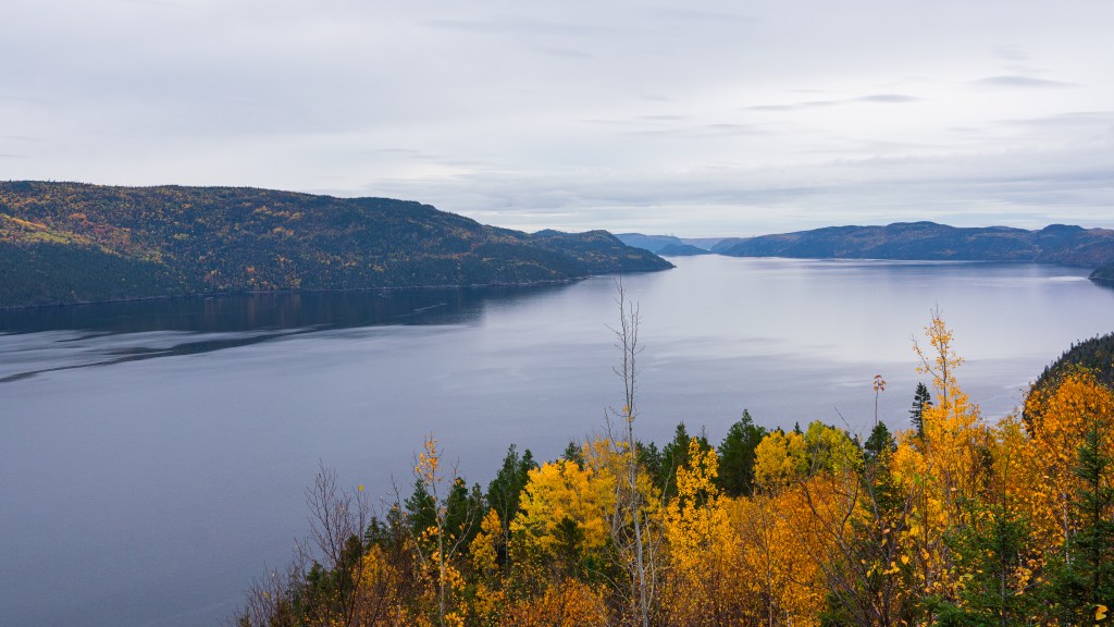 Vue panoramique sur un lac entouré de collines aux couleurs d'automne, avec des arbres aux feuillages jaunes et dorés.